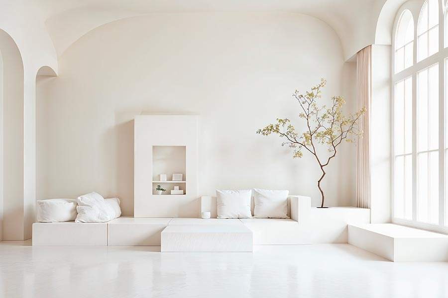 Salón minimalista en tonos claros con decoración natural en reforma integral de vivienda