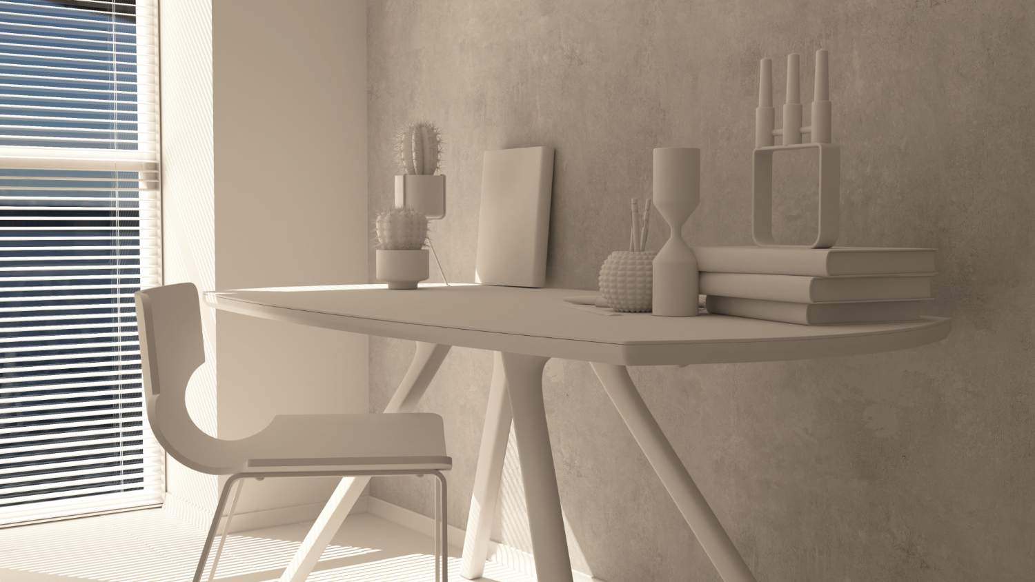 Mesa decorativa minimalista con objetos de diseño en proyecto de interiorismo en Madrid